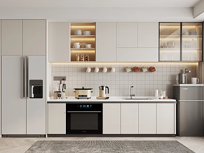 Modern Kitchen Interior Design With White Cabinets Built-in Oven And Tile Backsplash 3d model