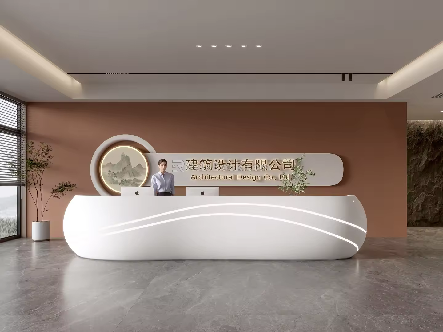 Modern company front desk background wall reception area bar desk reception desk hall simple lobby 3d model