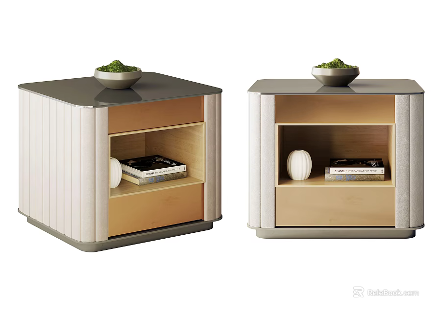 Modern Bedside Tables With Open Storage Books Decorative White Ball And Green Plant Bowl 3d model 
