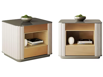 Modern Bedside Tables With Open Storage Books Decorative White Ball And Green Plant Bowl 3d model