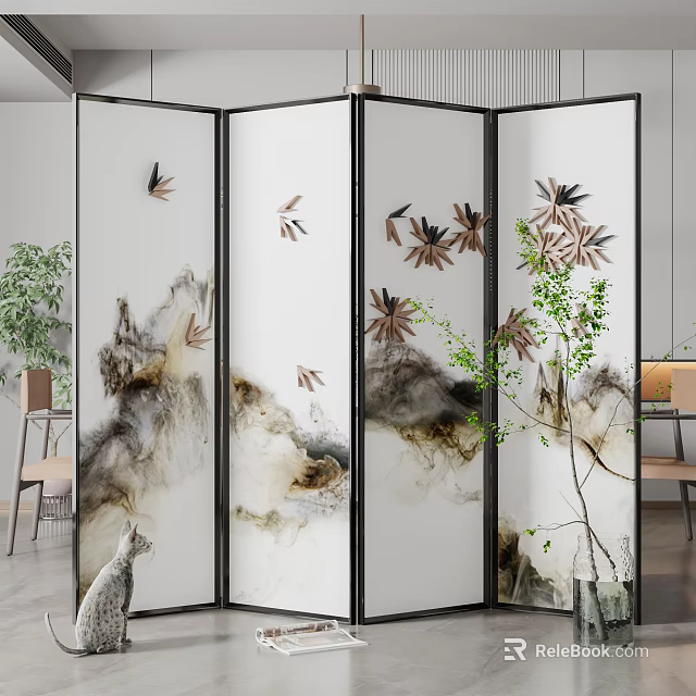Modern Decorative Room Divider Screen With Mountain Landscape And Leaf Decorations 3d model