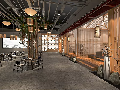 Traditional Tea House Interior With Wooden Structures Lanterns Bookshelves And Tables 3d model