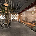Traditional Tea House Interior With Wooden Structures Lanterns Bookshelves And Tables