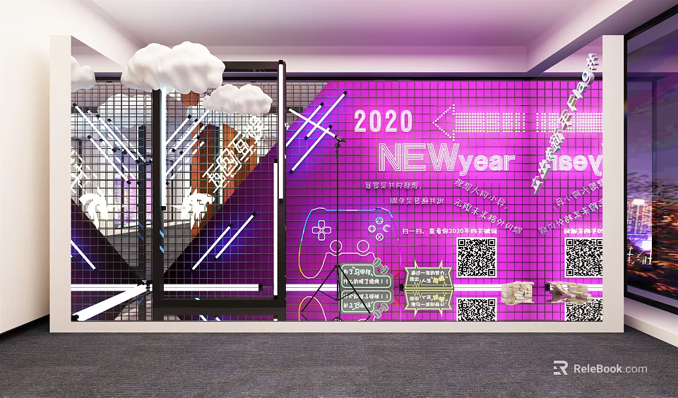 2020 New Year Decorative Wall With Purple Background Neon Lights And QR Codes 3d model 