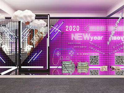 2020 New Year Decorative Wall With Purple Background Neon Lights And QR Codes 3d model