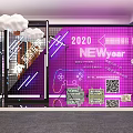 2020 New Year Decorative Wall With Purple Background Neon Lights And QR Codes