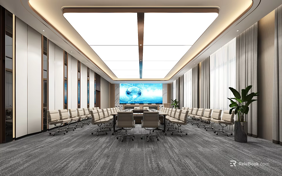 Modern Meeting Room Interior With Large Conference Table Projection Screen Chairs Curtains And Indoor Plant 3d model 