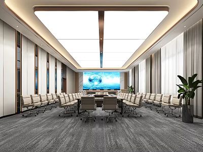 Modern Meeting Room Interior With Large Conference Table Projection Screen Chairs Curtains And Indoor Plant 3d model