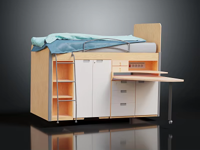 Multifunctional Light Wood Bed Furniture With Storage Cabinets Drawers Shelves And Pull Out Desk 3d model