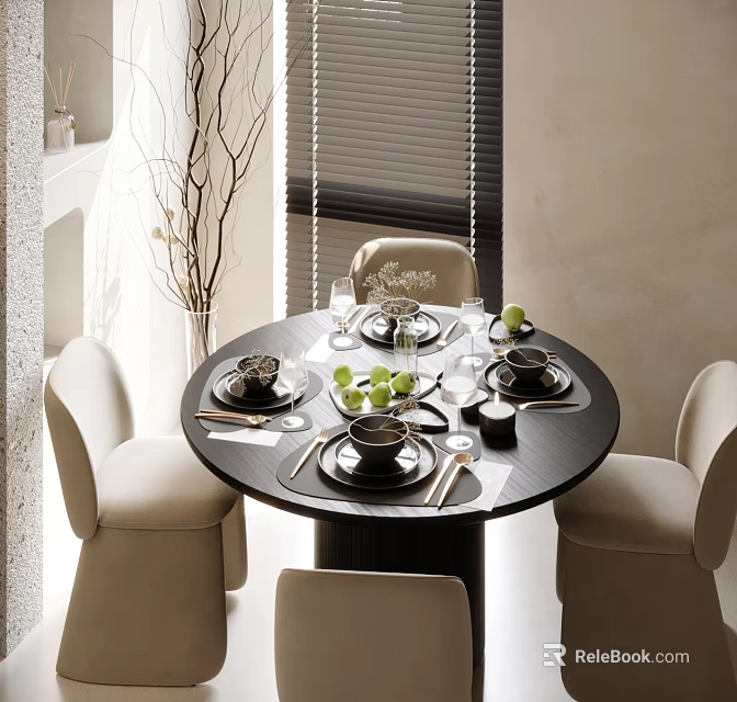 Elegant Black Round Dining Table Set with Beige Chairs Tableware and Green Fruits 3d model 