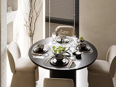 Elegant Black Round Dining Table Set with Beige Chairs Tableware and Green Fruits 3d model