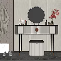 Modern Dressing Table with Round Mirror Cosmetics Red Flowers in Vase and Stool 3d model