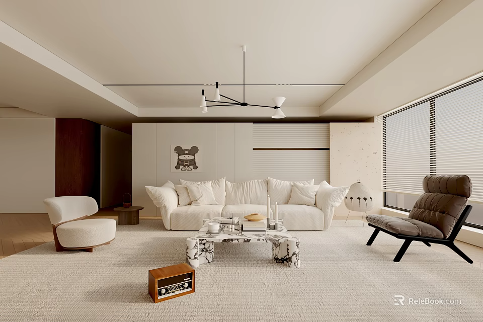 Modern Living Room Interior With White Sofa Marble Coffee Table Rug And Wall Decor 3d model 