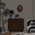 Entryway Side Cabinet Wooden Drawer Design with Red Chair Table Lamp Decorative Painting and Plant
