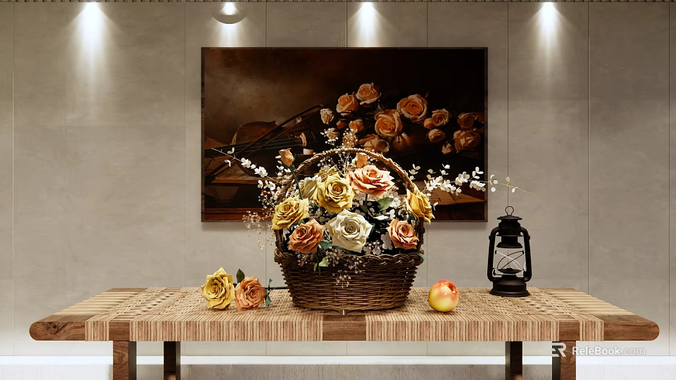 Wooden Table Decor With Flower Basket Mixed Roses Apple Lantern And Background Painting 3d model 