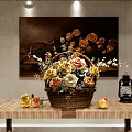 Wooden Table Decor With Flower Basket Mixed Roses Apple Lantern And Background Painting