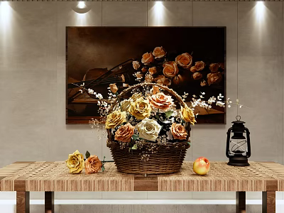 Wooden Table Decor With Flower Basket Mixed Roses Apple Lantern And Background Painting 3d model