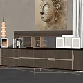 Modern Wooden TV Stand With Decorative Frames Artwork And Green Plant