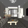 Modern Open Living Dining Room Interior With Sofa Dining Table Artwork And Chandelier 3d model