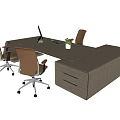 Modern Wooden Office Desk With Computer Monitor Potted Plant And Brown Chairs
