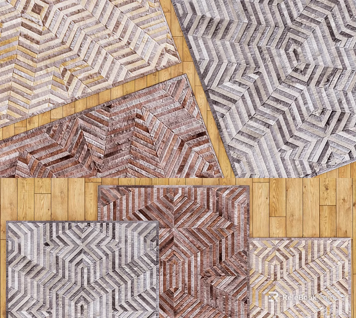 Modern Square Rugs With Herringbone Pattern In Brown Gray Beige On Wooden Floor 3d model 