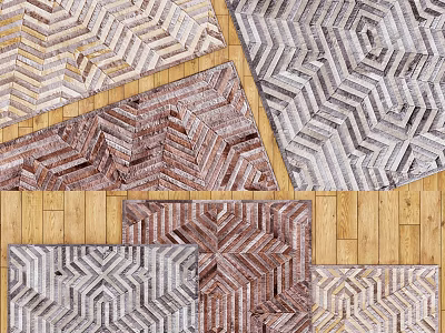 Modern Square Rugs With Herringbone Pattern In Brown Gray Beige On Wooden Floor 3d model