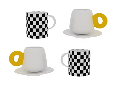 White and Checkered Mugs Featuring Yellow Handles and Matching Saucers 3d model