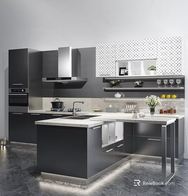 Modern Kitchen Interior With Dark Gray Cabinets Island Counter And Appliances 3d model 