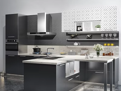 Modern Kitchen Interior With Dark Gray Cabinets Island Counter And Appliances 3d model
