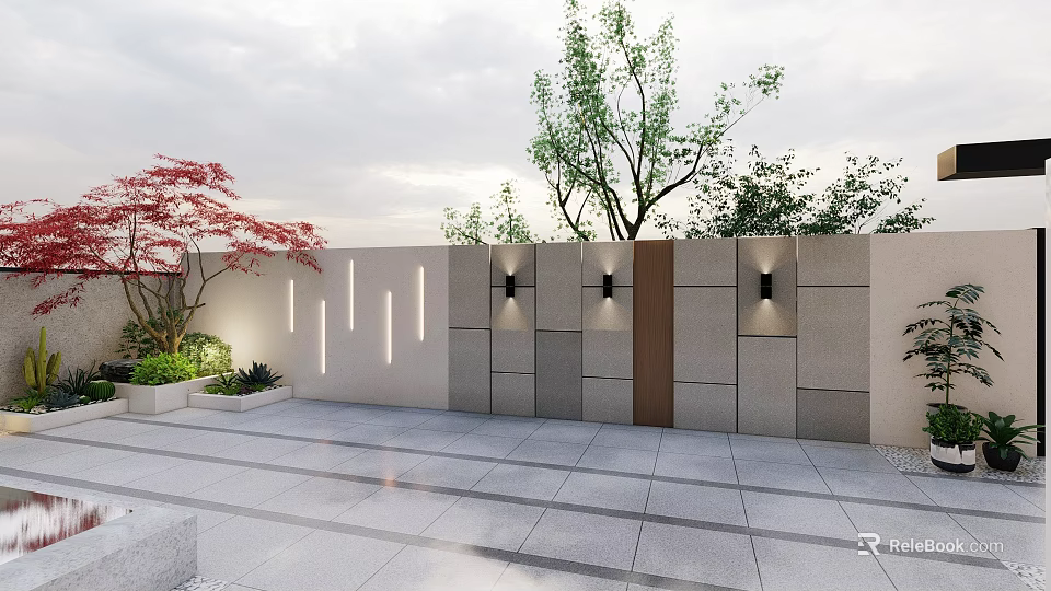 Modern Landscape Wall With Stone And Wood Panels Black Wall Lights And Greenery 3d model 