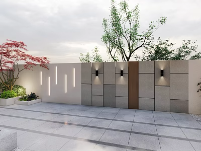 Modern Landscape Wall With Stone And Wood Panels Black Wall Lights And Greenery 3d model