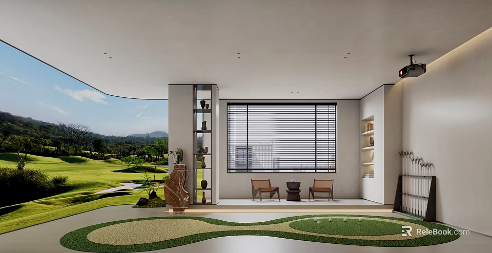 Indoor Golf Fitness Practice Area With Green Turf Seating And Natural View 3d model 