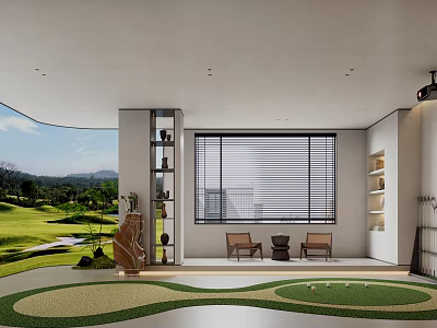 Indoor Golf Fitness Practice Area With Green Turf Seating And Natural View 3d model