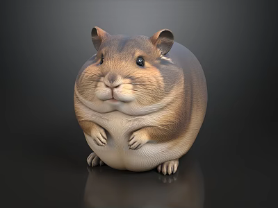 Cute Chubby Hamster Plush Toy with Round Brown Beige Fur Standing Pose on Black Base 3d model