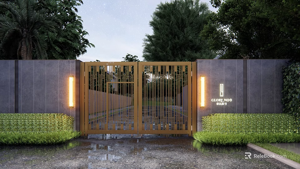 Golden Modern Entrance Gate With Illuminated Side Walls And Lush Greenery For Cloud Top 3d model 