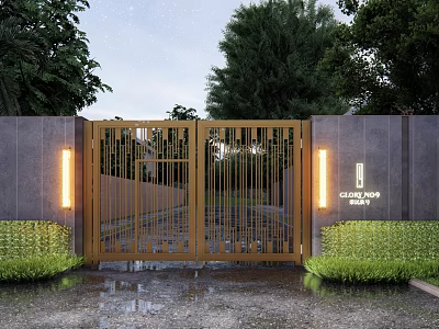 Golden Modern Entrance Gate With Illuminated Side Walls And Lush Greenery For Cloud Top 3d model