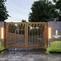 Golden Modern Entrance Gate With Illuminated Side Walls And Lush Greenery For Cloud Top