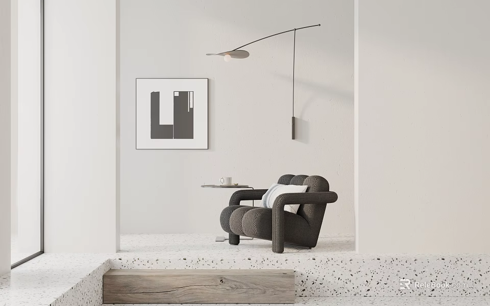 Modern Minimalist Gray Upholstered Lounge Chair With Side Table Arc Floor Lamp And Wall Art 3d model 