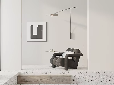 Modern Minimalist Gray Upholstered Lounge Chair With Side Table Arc Floor Lamp And Wall Art 3d model