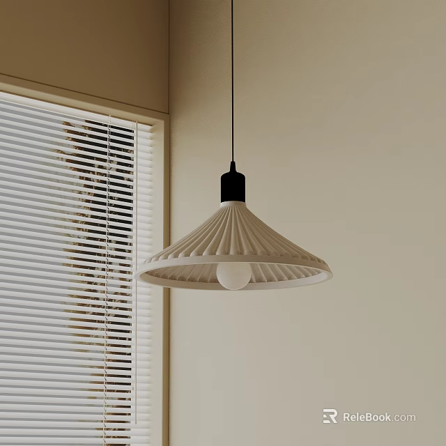 Modern Pendant Light With Pleated Shade Black Base Near Window Blinds And Light Wall 3d model 