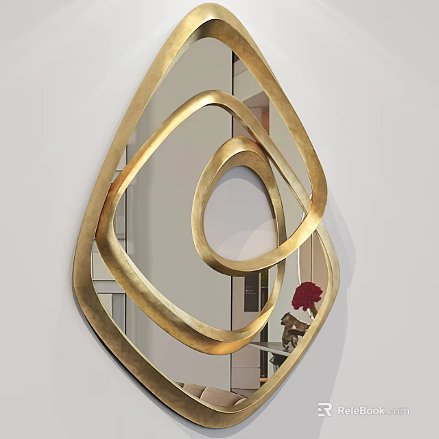 Modern Gold Framed Wall Mounted Mirror With Unique Geometric Circular Rings 3d model 