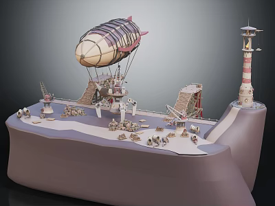 Detailed Model Scene Featuring Airship Lighthouse And Small Boats On Platform 3d model