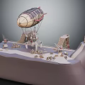 Detailed Model Scene Featuring Airship Lighthouse And Small Boats On Platform 3d model
