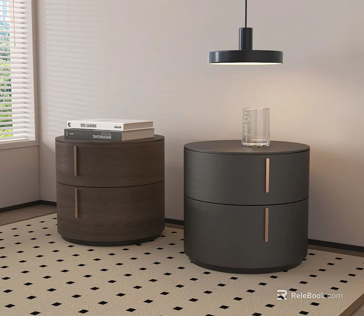 Modern Round Bedside Tables With Drawers Books Glass And Hanging Lamp On Geometric Carpet 3d model 