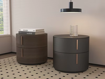 Modern Round Bedside Tables With Drawers Books Glass And Hanging Lamp On Geometric Carpet 3d model