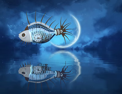 Mechanical Fish Floating In Night Sky With Moon And Water Reflection 3d model