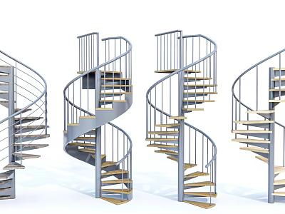 Multiple Modern Spiral Staircases With Metal Railings And Wooden Steps 3d model