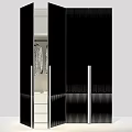 Modern Wardrobe Interior Design With Striped Panels Open Doors Showing Hanging Clothes And Metal Handles