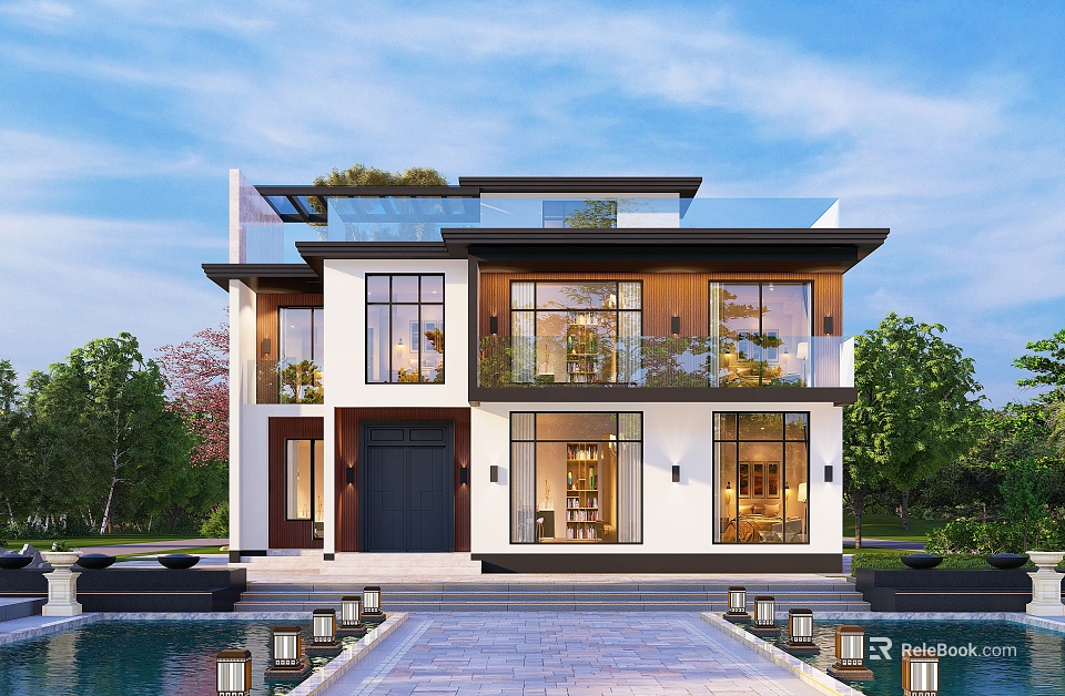 Modern Two Story Detached Villa with Glass Balcony Large Windows and Swimming Pool 3d model 