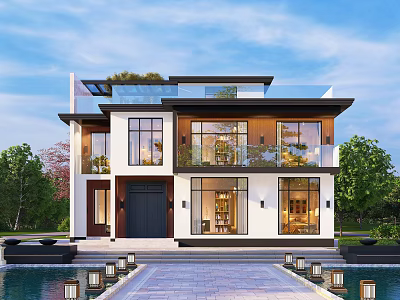 Modern Two Story Detached Villa with Glass Balcony Large Windows and Swimming Pool 3d model